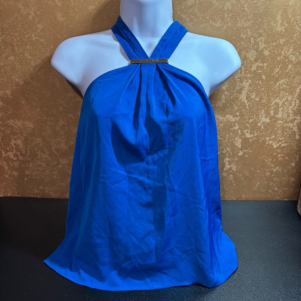 Michael Kors Womens Blue Halter Neck Pleated Blouse Gold Hardware XS